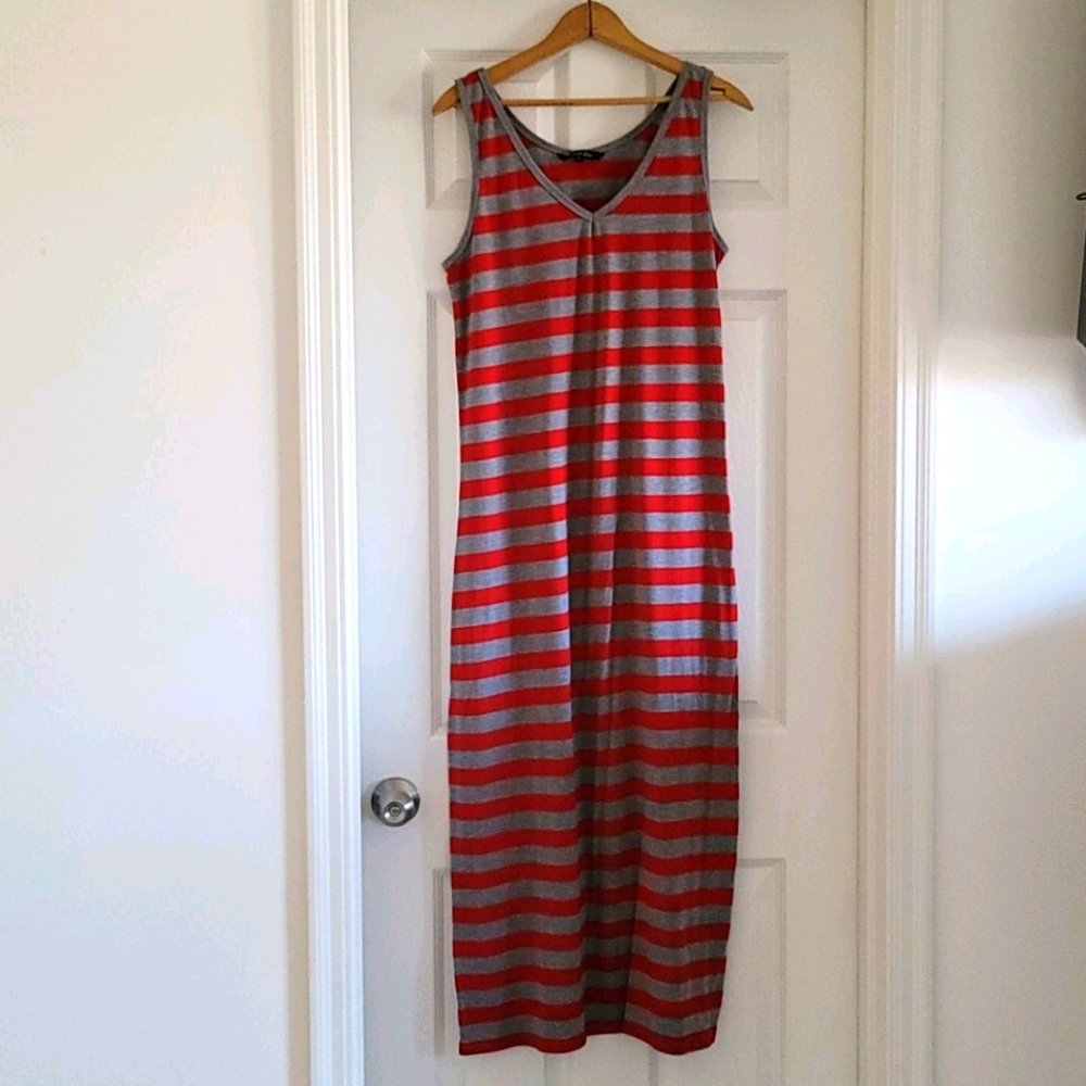 Red & Grey Striped Maxi Dress